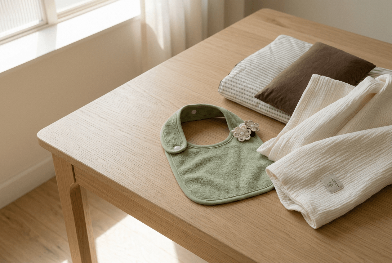 A soft baby textile scene with calm, everyday comfort.
